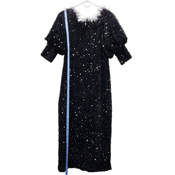Vintage Black Sequined Dress With Puff Sleeves & Feather Trim Size XL - Picture 5 of 10